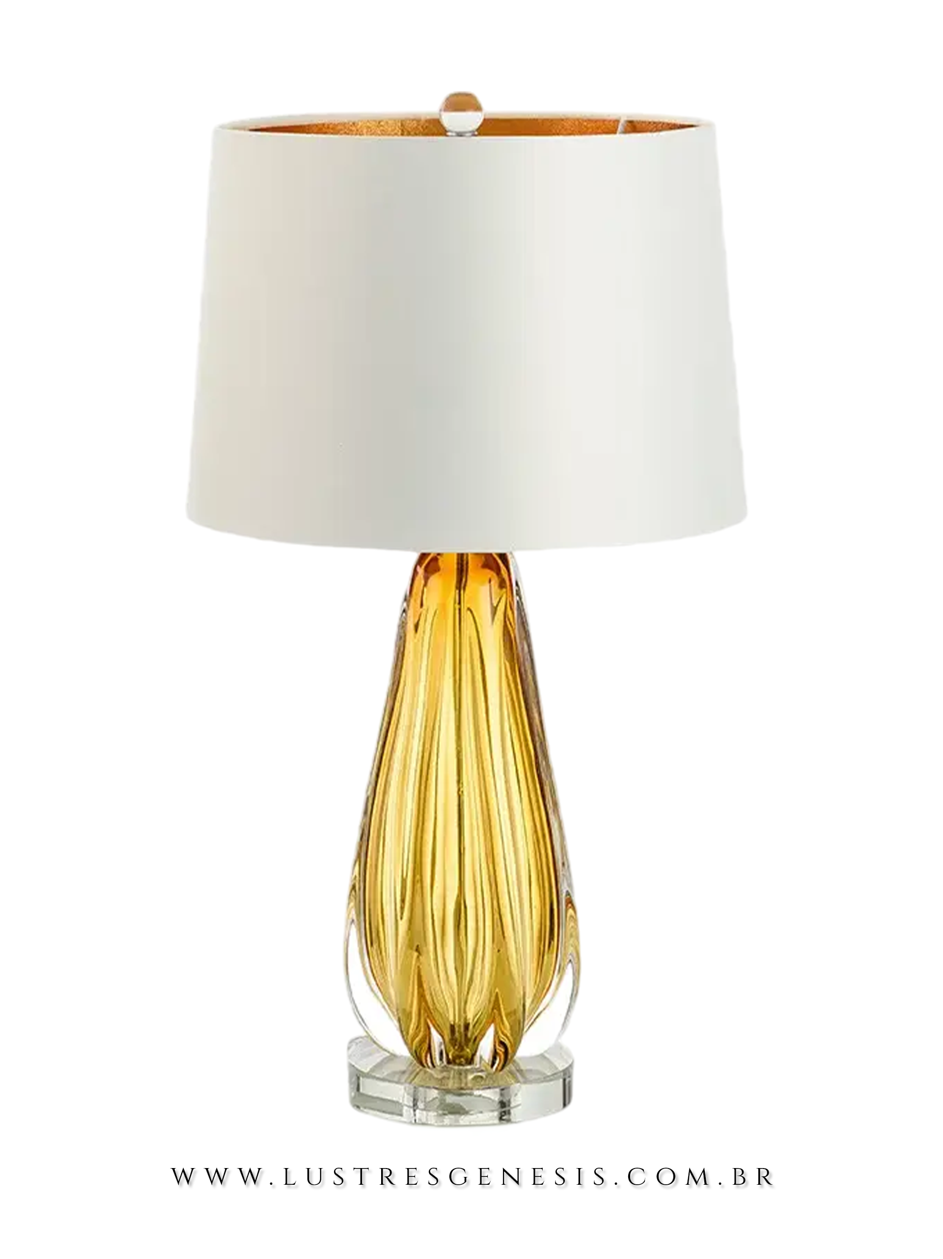 Abajur Roma com base de vidro dourado e cúpula branca, ideal para quartos e escritórios, produto Lux Lustres.